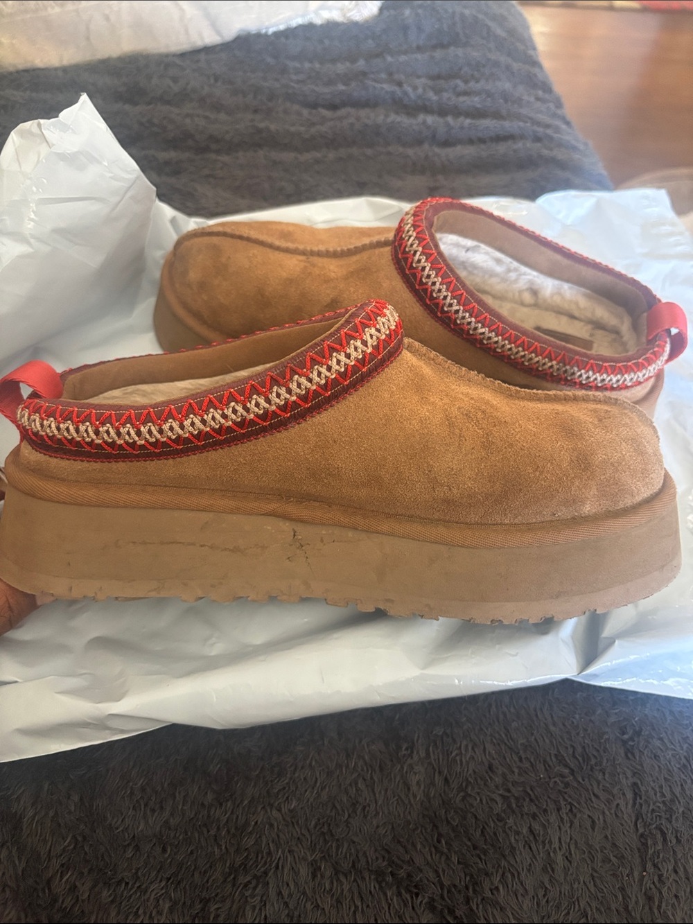 UGG Chestnut Suede Slip-On Clogs with Red Trim